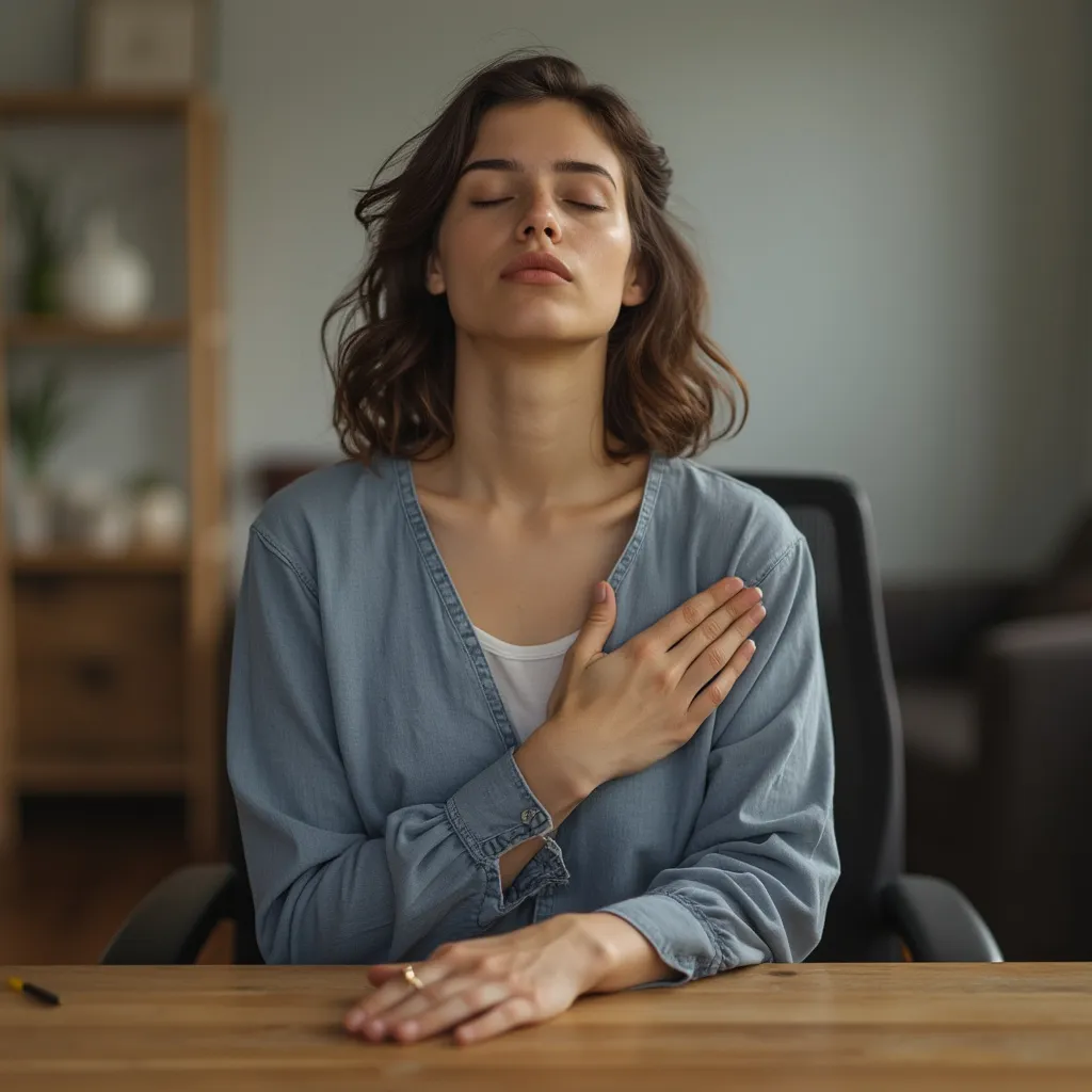 Osoba praktikující krátkou mindfulness techniku u stolu